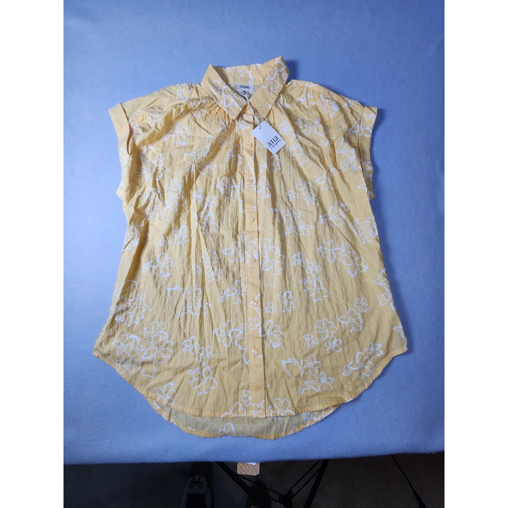 ANA Womens Yellow White Floral Beach Casual Vacation button down Shirt M